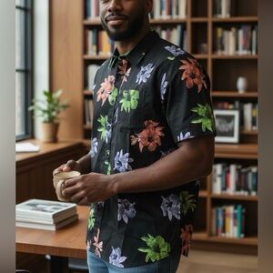Matix Men's Short Sleeve Button Shirt Medium Black Bold Floral Design Pocket